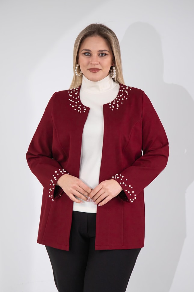 Büyük Beden 3330788 İnci Taş Detaylı Hırka  Bordo
