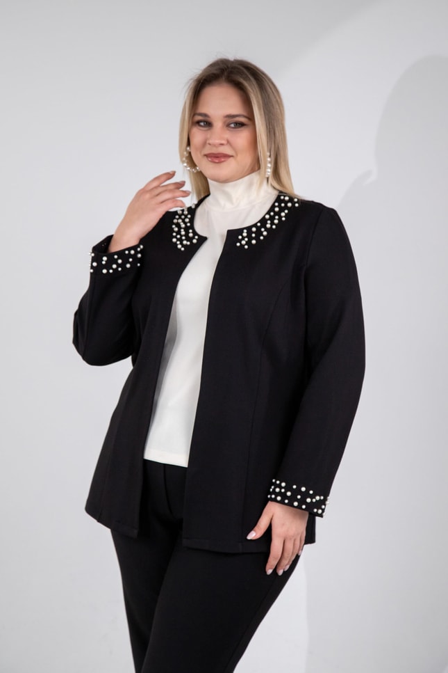 Büyük Beden 3330788 İnci Taş Detaylı Hırka  Siyah
