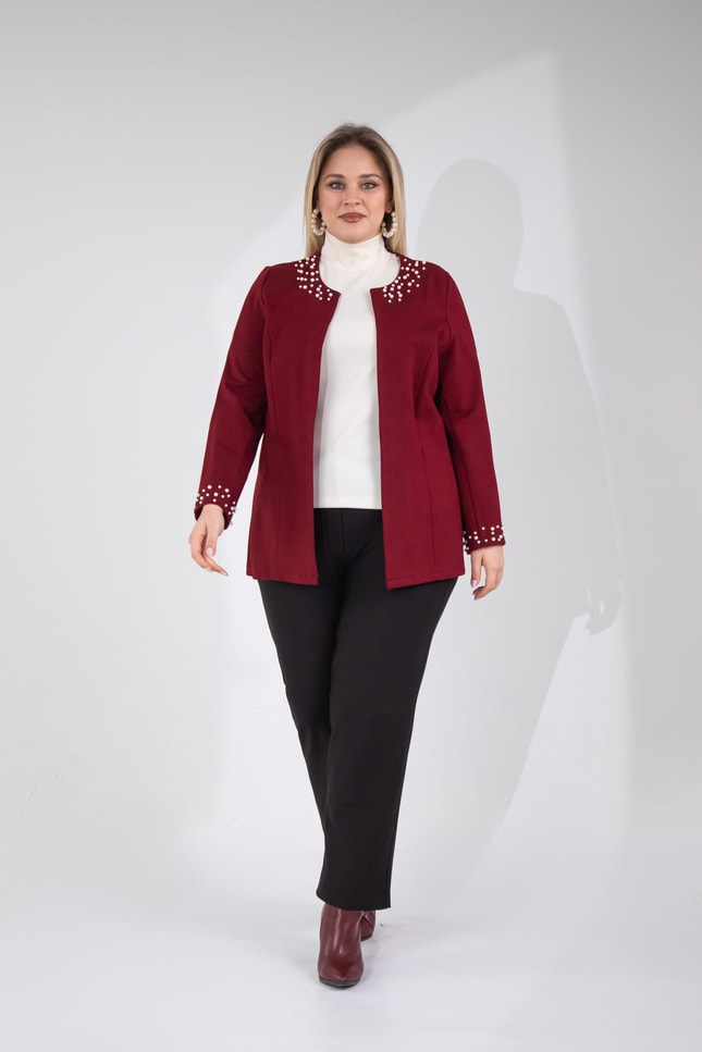 Büyük Beden 3330788 İnci Taş Detaylı Hırka  Bordo