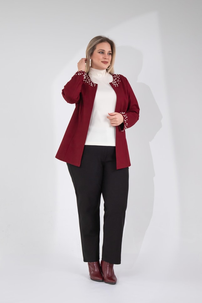 Büyük Beden 3330788 İnci Taş Detaylı Hırka  Bordo