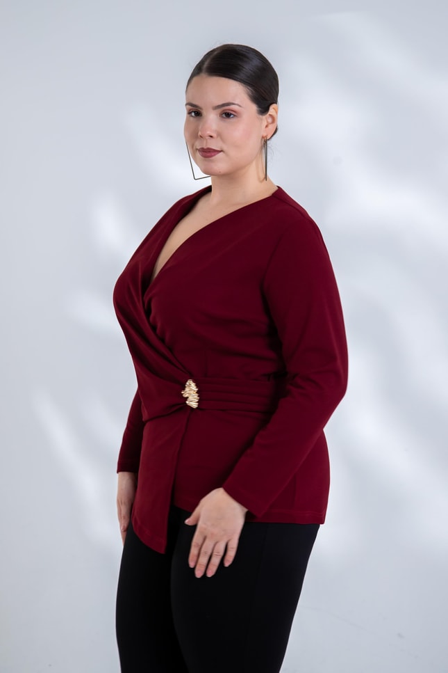 Büyük Beden 3330842 Toka Detaylı Kruvaze Bluz Bordo