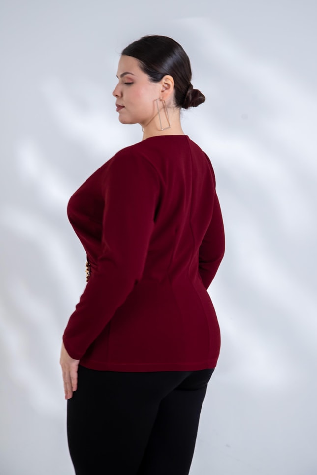 Büyük Beden 3330842 Toka Detaylı Kruvaze Bluz Bordo