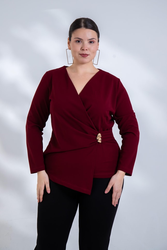 Büyük Beden 3330842 Toka Detaylı Kruvaze Bluz Bordo