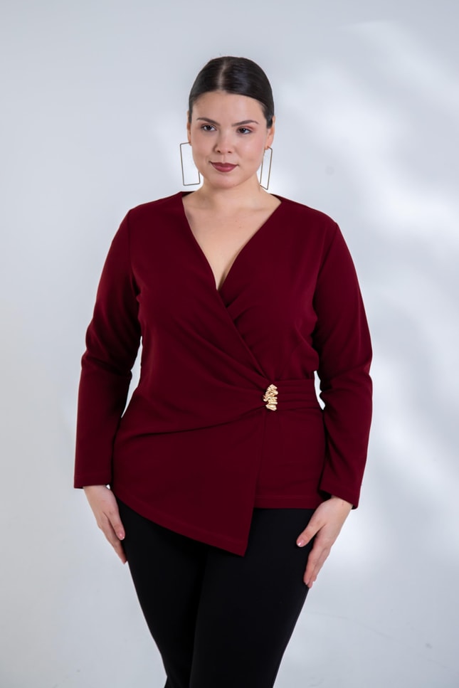 Büyük Beden 3330842 Toka Detaylı Kruvaze Bluz Bordo