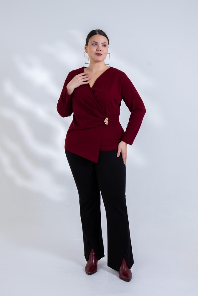 Büyük Beden 3330842 Toka Detaylı Kruvaze Bluz Bordo