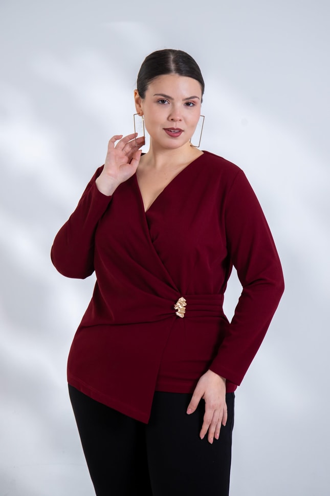 Büyük Beden 3330842 Toka Detaylı Kruvaze Bluz Bordo
