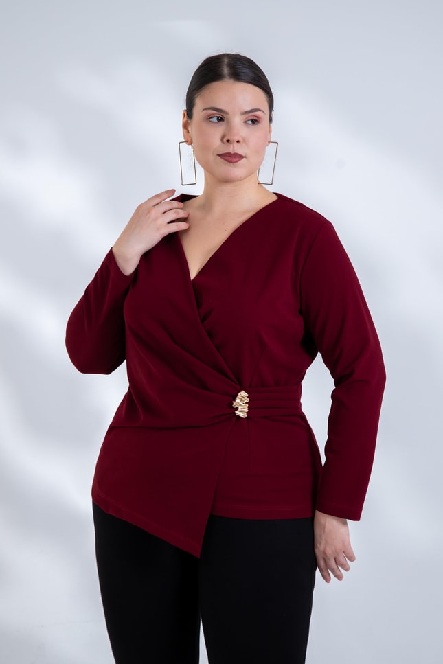 Büyük Beden 3330842 Toka Detaylı Kruvaze Bluz Bordo
