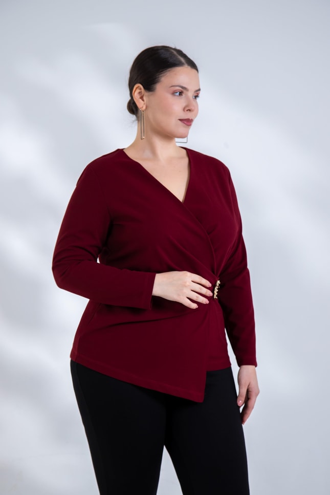 Büyük Beden 3330842 Toka Detaylı Kruvaze Bluz Bordo