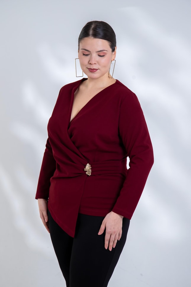 Büyük Beden 3330842 Toka Detaylı Kruvaze Bluz Bordo
