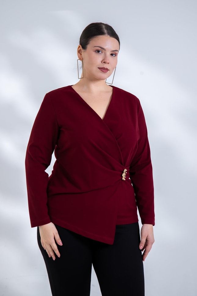 Büyük Beden 3330842 Toka Detaylı Kruvaze Bluz Bordo