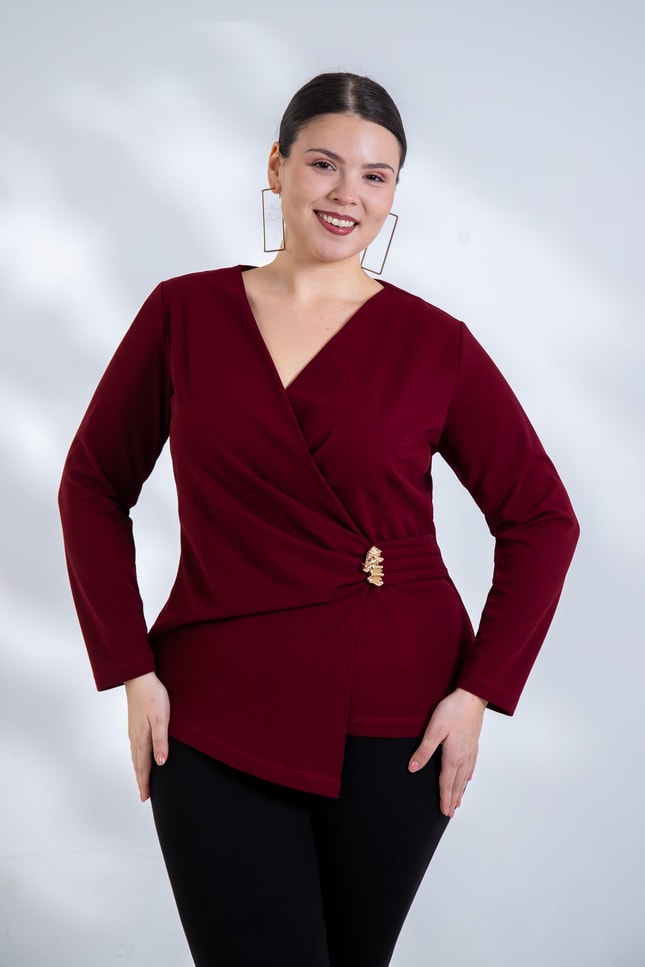 Büyük Beden 3330842 Toka Detaylı Kruvaze Bluz Bordo