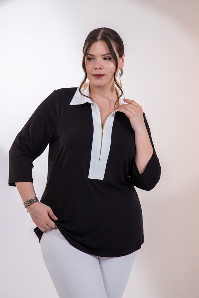 Büyük Beden 3330876 FermuarlI-Garnili Bluz Siyah