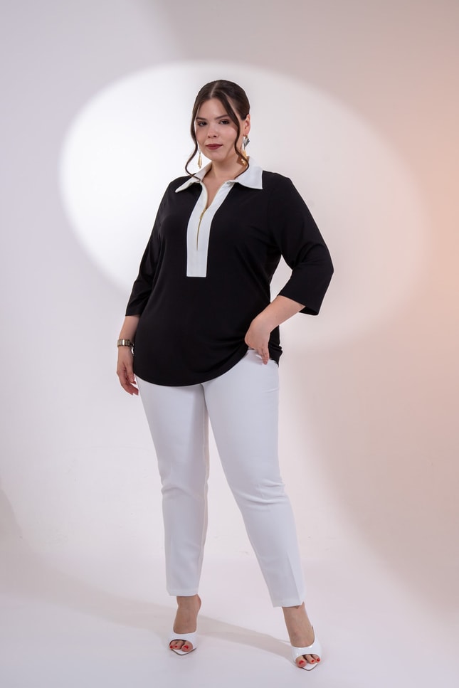 Büyük Beden 3330876 FermuarlI-Garnili Bluz Siyah