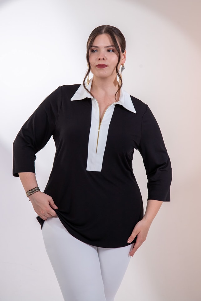Büyük Beden 3330876 FermuarlI-Garnili Bluz Siyah