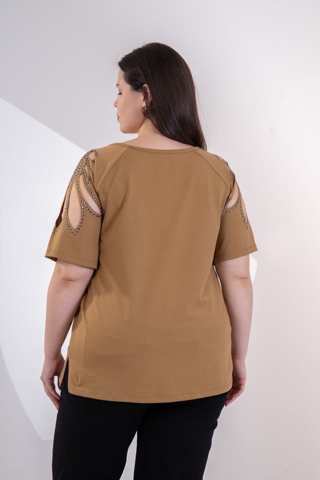 Büyük Beden 3330957 Omuz Drop Detaylı Bluz Camel