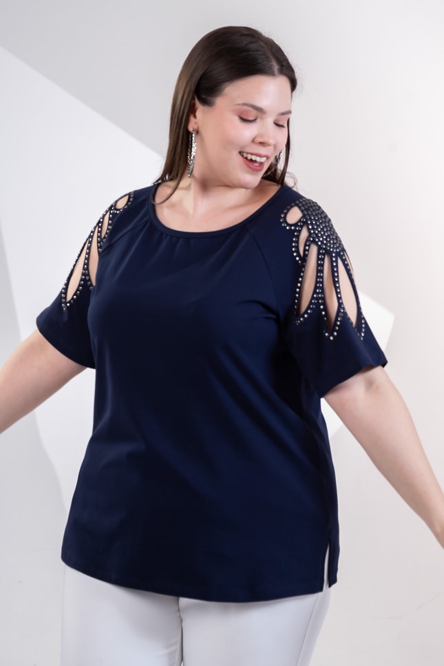 Büyük Beden 3330957 Omuz Drop Detaylı Bluz Lacivert