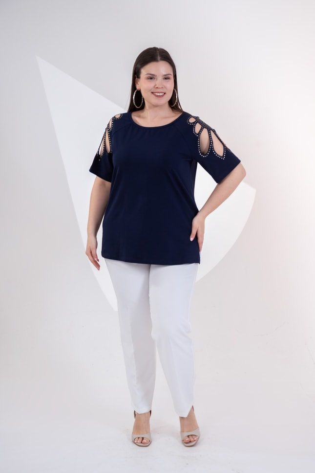 Büyük Beden 3330957 Omuz Drop Detaylı Bluz Lacivert