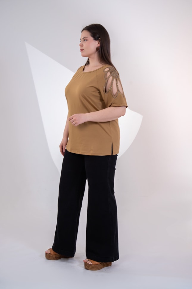 Büyük Beden 3330957 Omuz Drop Detaylı Bluz Camel
