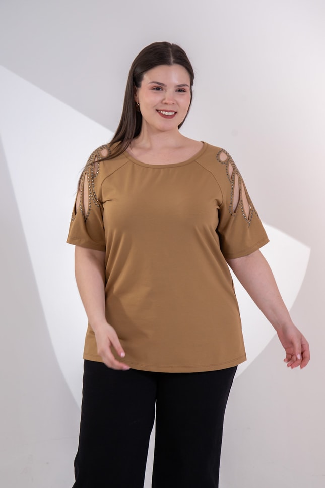Büyük Beden 3330957 Omuz Drop Detaylı Bluz Camel