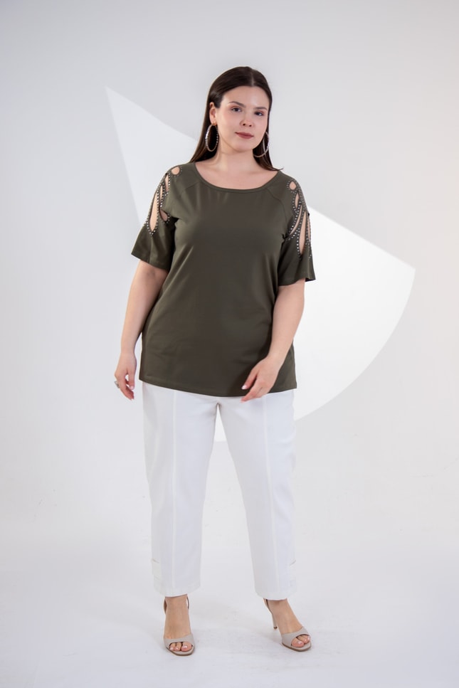 Büyük Beden 3330957 Omuz Drop Detaylı Bluz Haki