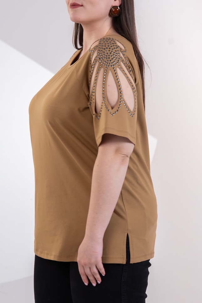 Büyük Beden 3330957 Omuz Drop Detaylı Bluz Camel