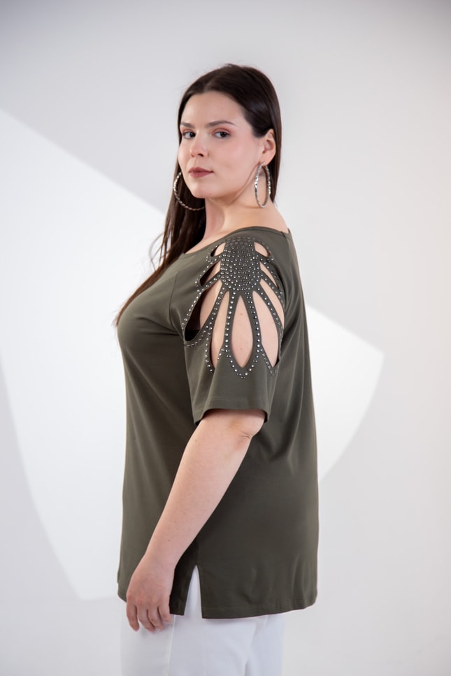 Büyük Beden 3330957 Omuz Drop Detaylı Bluz Haki