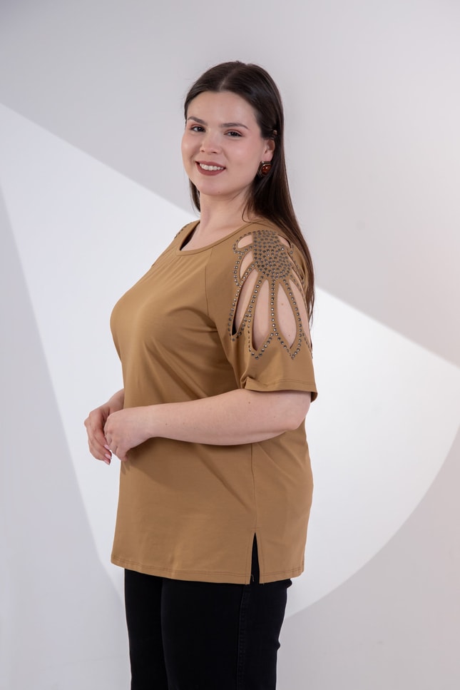Büyük Beden 3330957 Omuz Drop Detaylı Bluz Camel