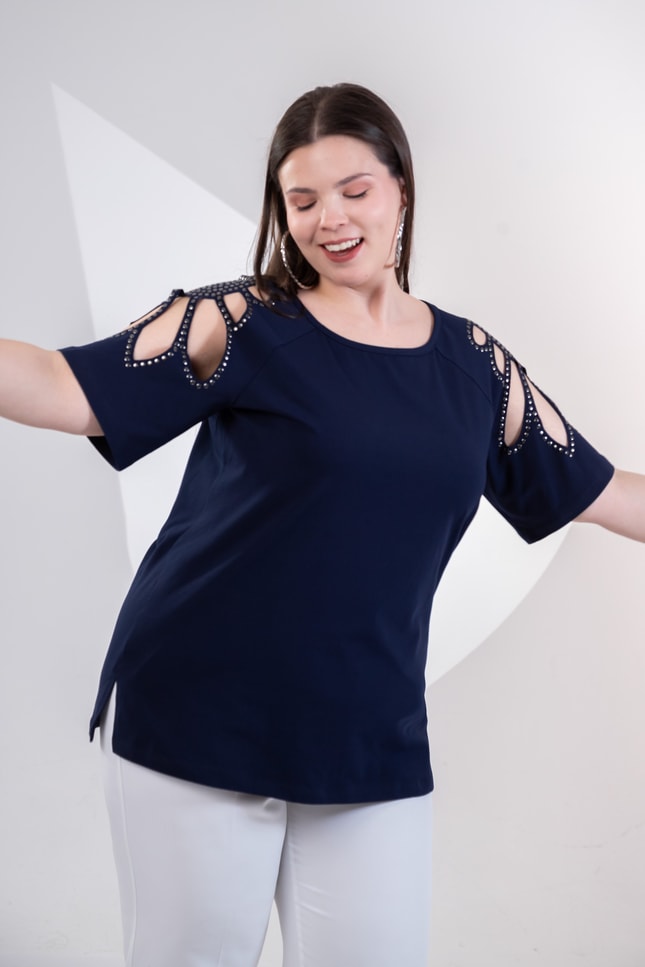 Büyük Beden 3330957 Omuz Drop Detaylı Bluz Lacivert
