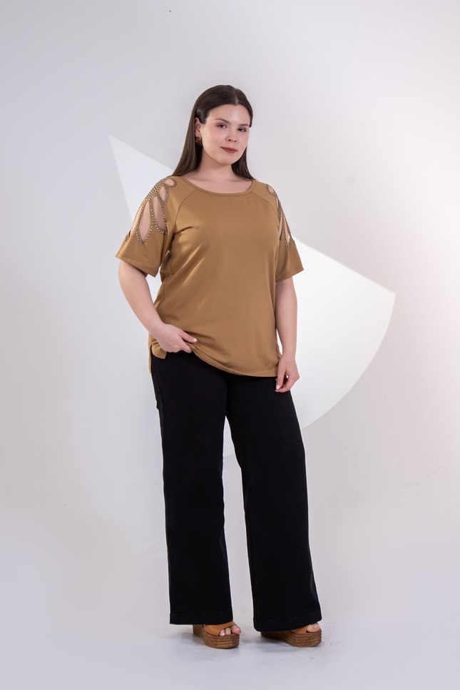 Büyük Beden 3330957 Omuz Drop Detaylı Bluz Camel
