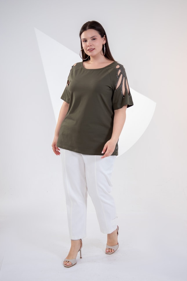Büyük Beden 3330957 Omuz Drop Detaylı Bluz Haki