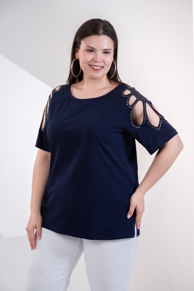 Büyük Beden 3330957 Omuz Drop Detaylı Bluz Lacivert