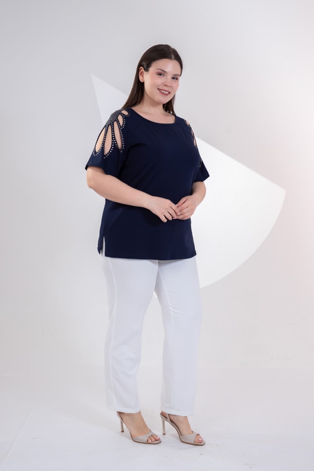 Büyük Beden 3330957 Omuz Drop Detaylı Bluz Lacivert