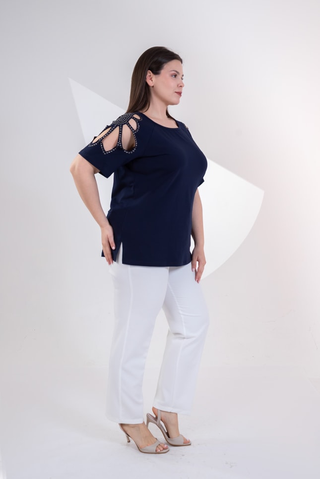 Büyük Beden 3330957 Omuz Drop Detaylı Bluz Lacivert