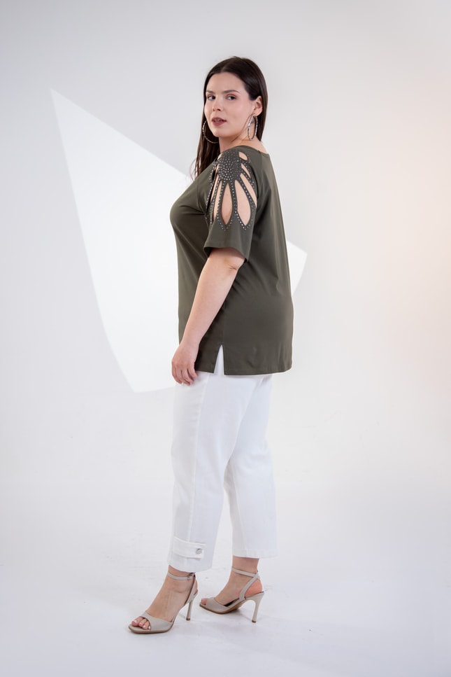 Büyük Beden 3330957 Omuz Drop Detaylı Bluz Haki