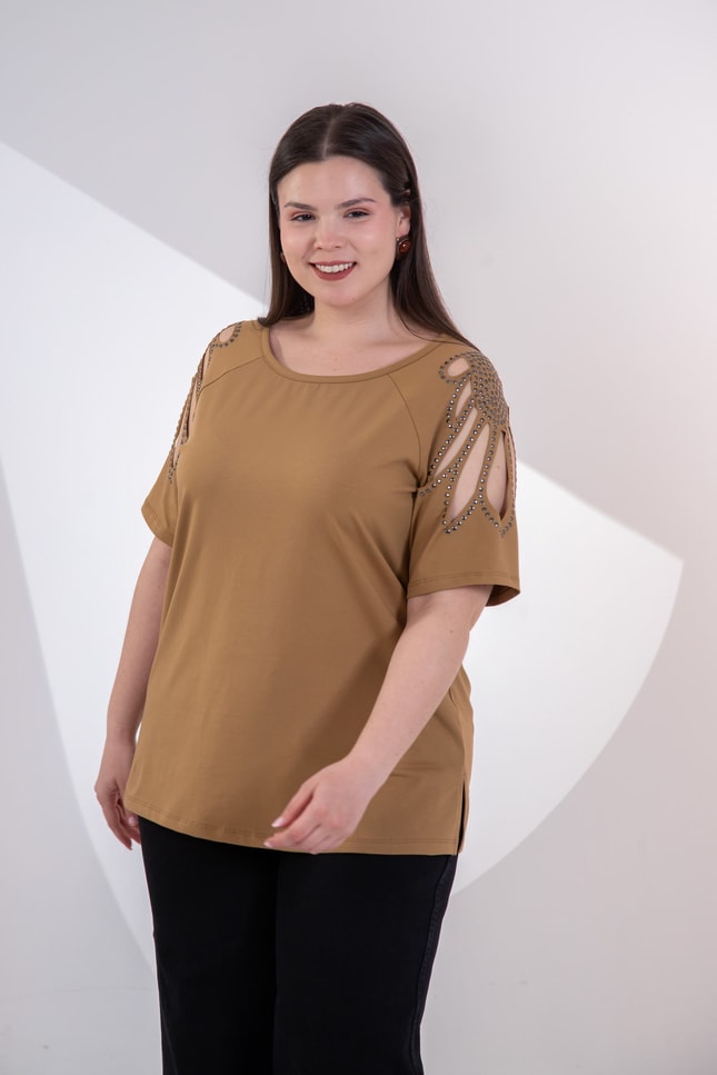 Büyük Beden 3330957 Omuz Drop Detaylı Bluz Camel