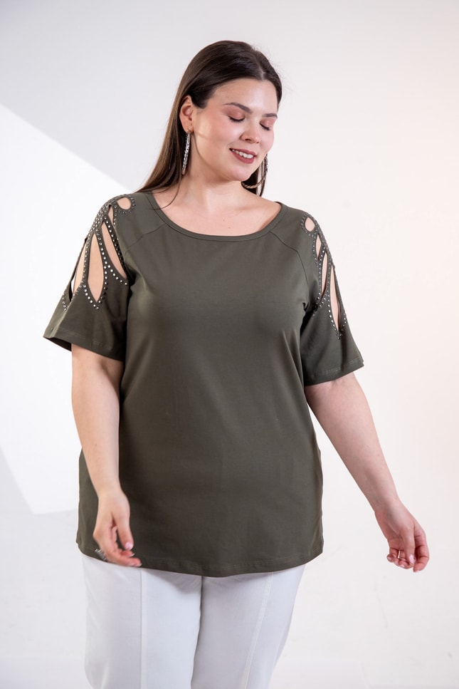 Büyük Beden 3330957 Omuz Drop Detaylı Bluz Haki