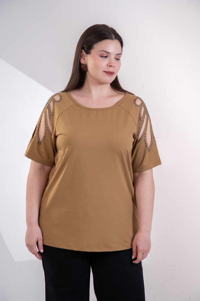 Büyük Beden 3330957 Omuz Drop Detaylı Bluz Camel