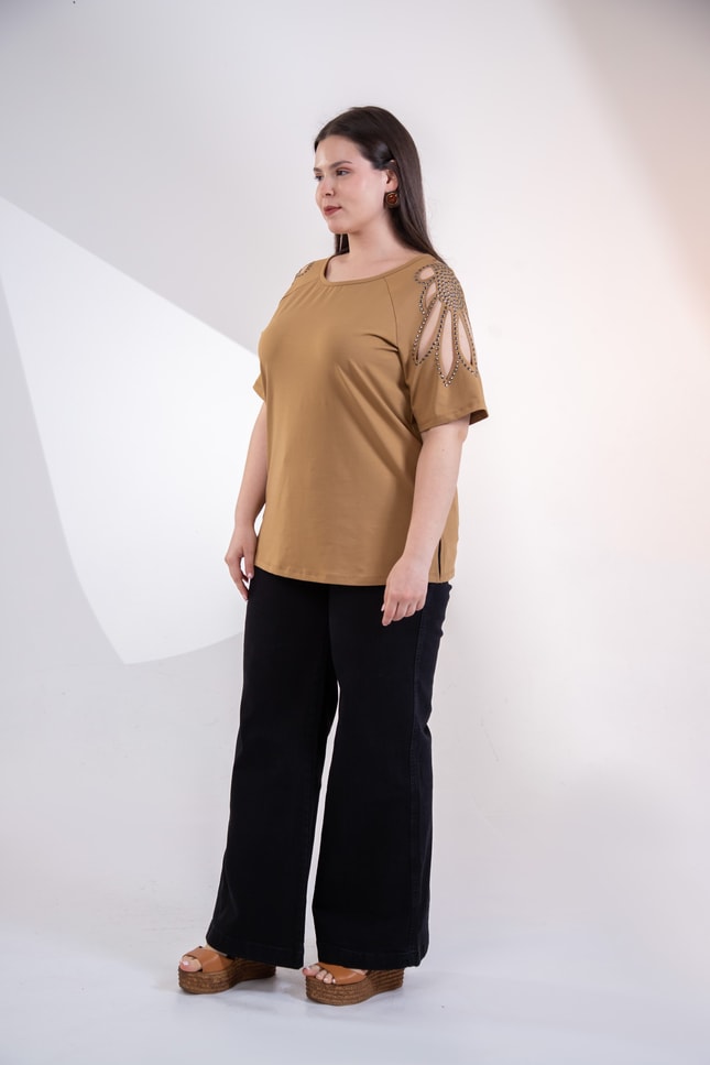 Büyük Beden 3330957 Omuz Drop Detaylı Bluz Camel