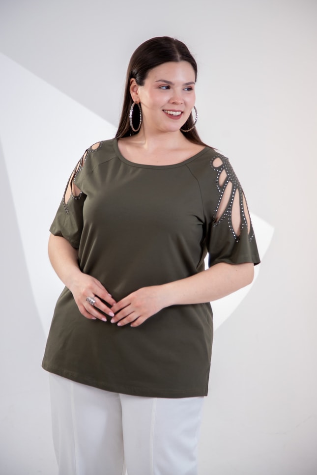 Büyük Beden 3330957 Omuz Drop Detaylı Bluz Haki