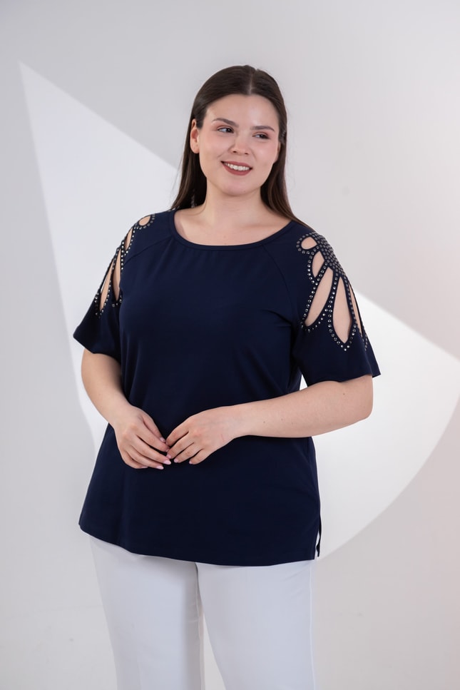 Büyük Beden 3330957 Omuz Drop Detaylı Bluz Lacivert