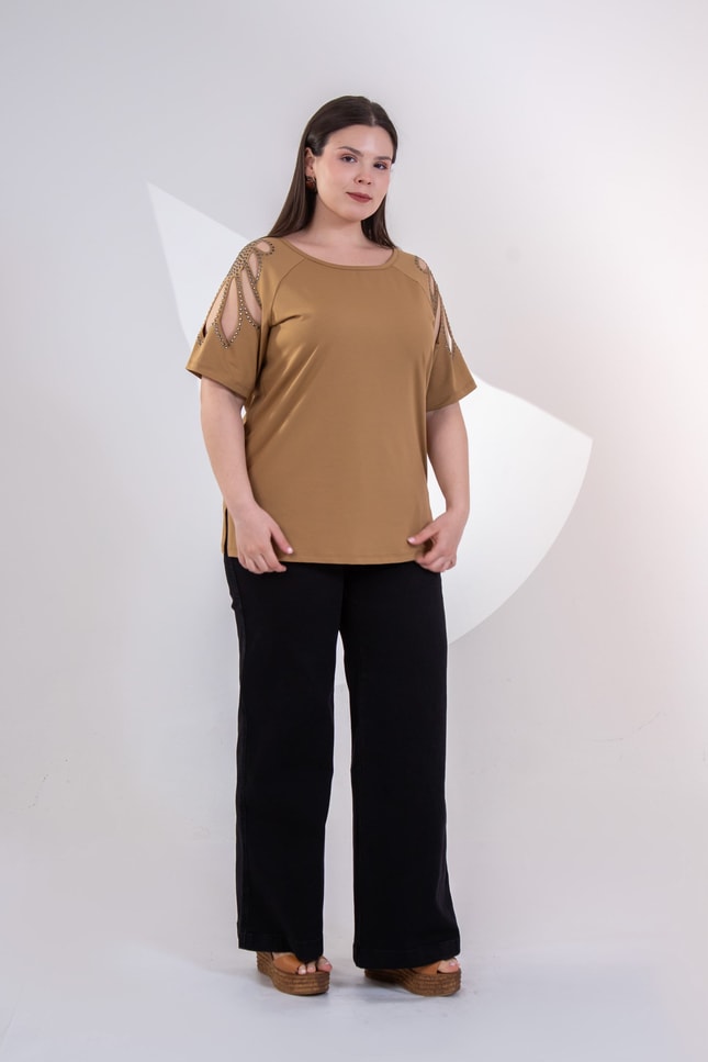 Büyük Beden 3330957 Omuz Drop Detaylı Bluz Camel