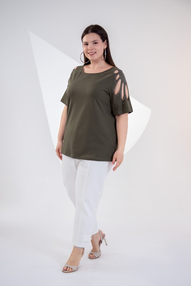 Büyük Beden 3330957 Omuz Drop Detaylı Bluz Haki