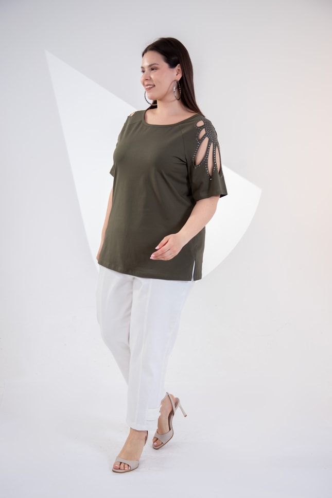 Büyük Beden 3330957 Omuz Drop Detaylı Bluz Haki