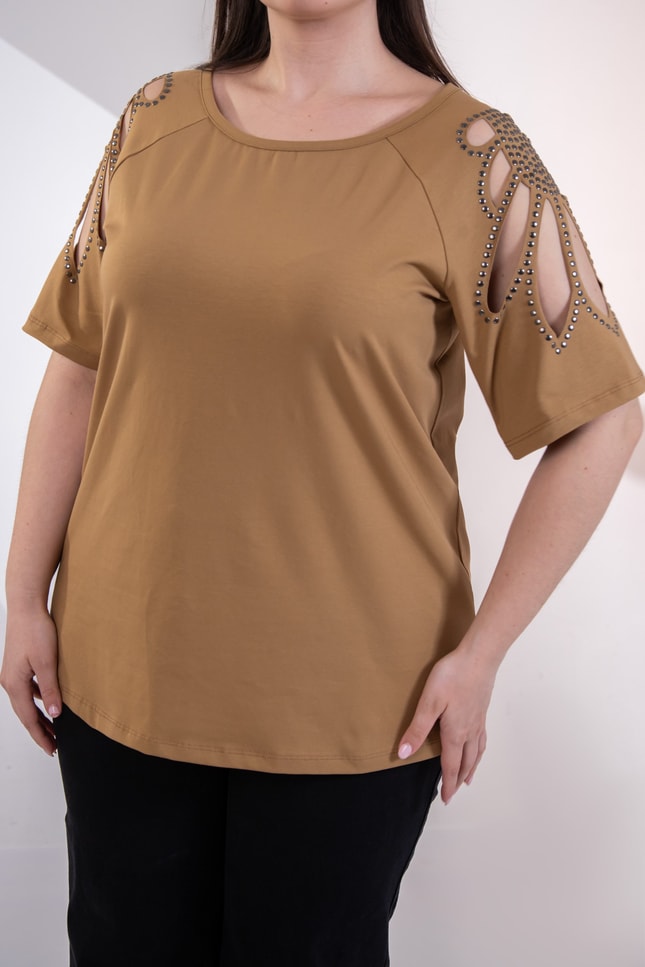 Büyük Beden 3330957 Omuz Drop Detaylı Bluz Camel