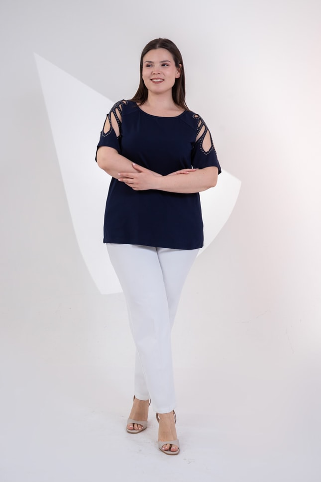 Büyük Beden 3330957 Omuz Drop Detaylı Bluz Lacivert