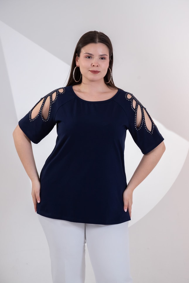 Büyük Beden 3330957 Omuz Drop Detaylı Bluz Lacivert