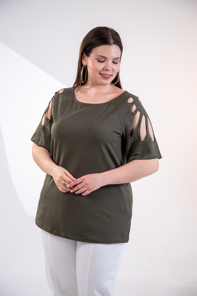 Büyük Beden 3330957 Omuz Drop Detaylı Bluz Haki