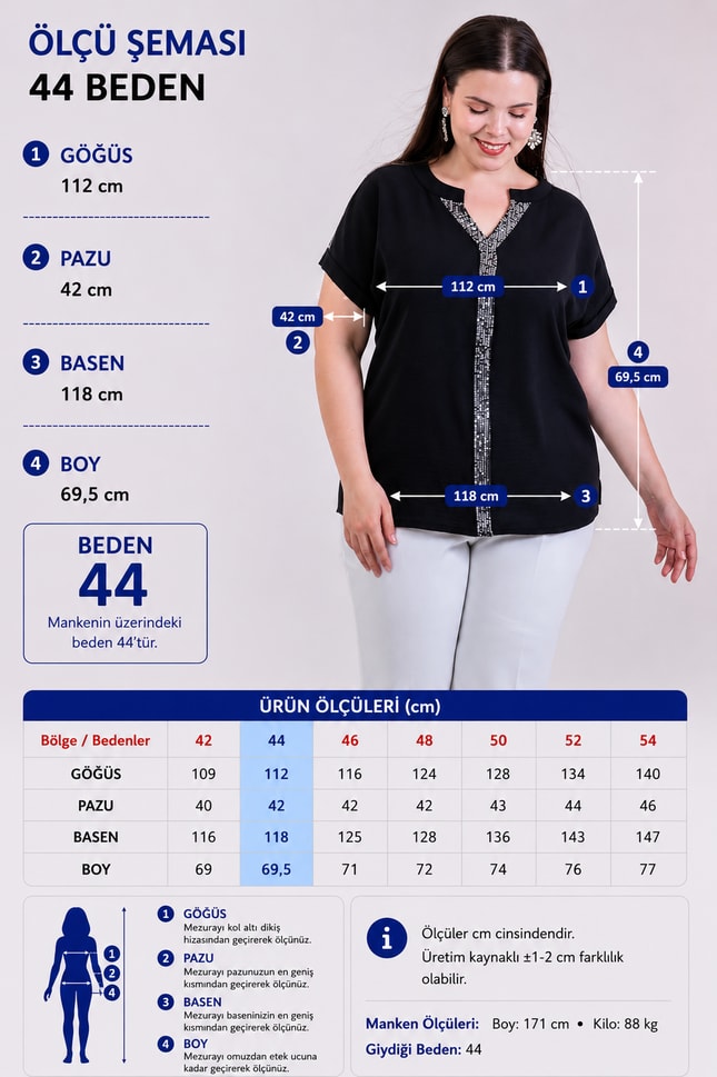 Büyük Beden 3330995 Pul Payet Garnili Bluz Siyah