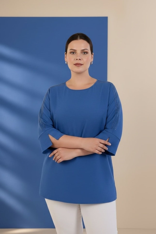 Büyük Beden 3330996 Omuzu Taş Detaylı Bluz  İndigo