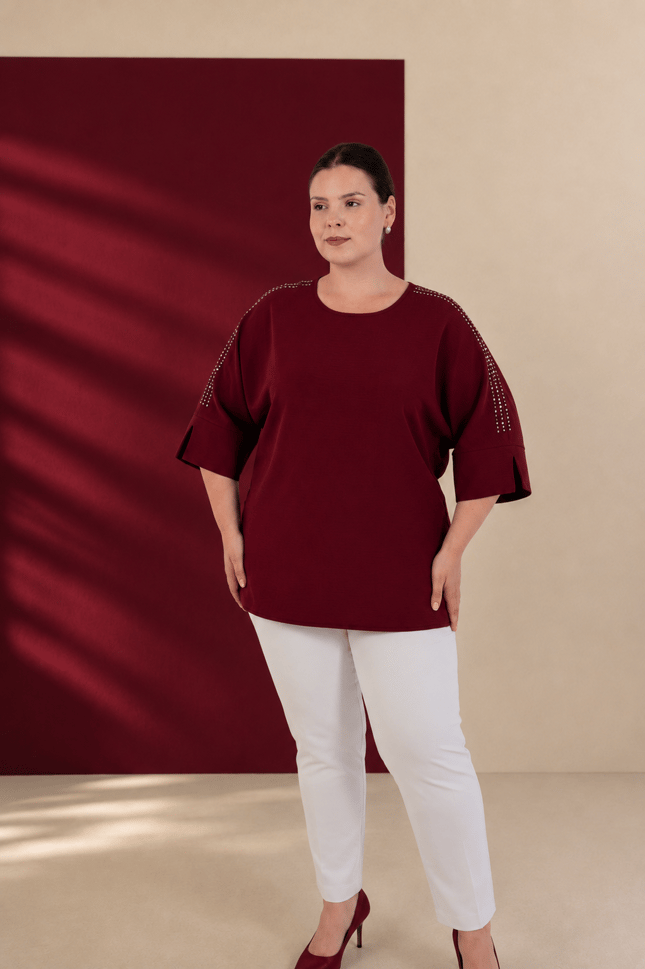 Büyük Beden 3330996 Omuzu Taş Detaylı Bluz  Bordo
